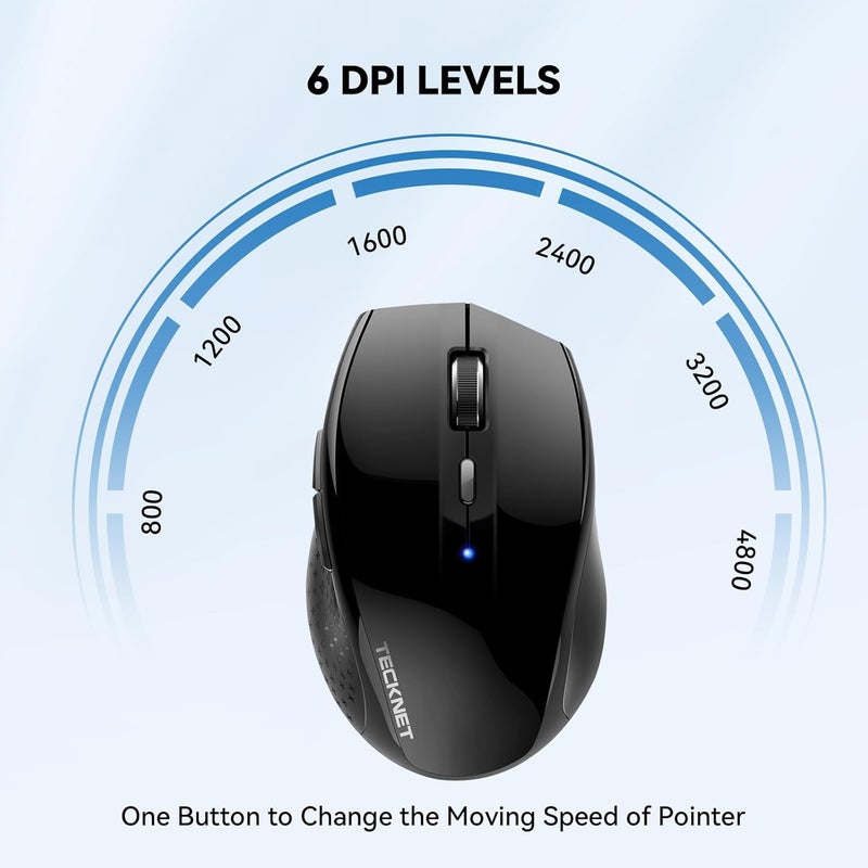 TECKNET Bluetooth Mouse, 4800 DPI Wireless Mouse, 2-Year Battery 6 Adjustable DPI, 6 Buttons Compatible with Laptop/Windows/Computer - Black - Image 1