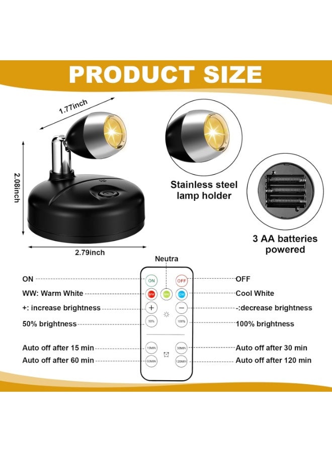 2-Pack Wireless LED Puck Lights with Remote - Dimmable Spotlights for Indoor Plants, Wall Art, Cabinet, Home Decor, Battery Powered, Easy Install, Black - Image 2