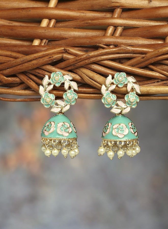 Zaveri Pearls أقراط جومكي من زافيري بيرلز باللونين الوردي والأخضر النعناعي، مطلية بالمينا، بتصميم عرقي للنساء - ZPFK16527 - Image 3