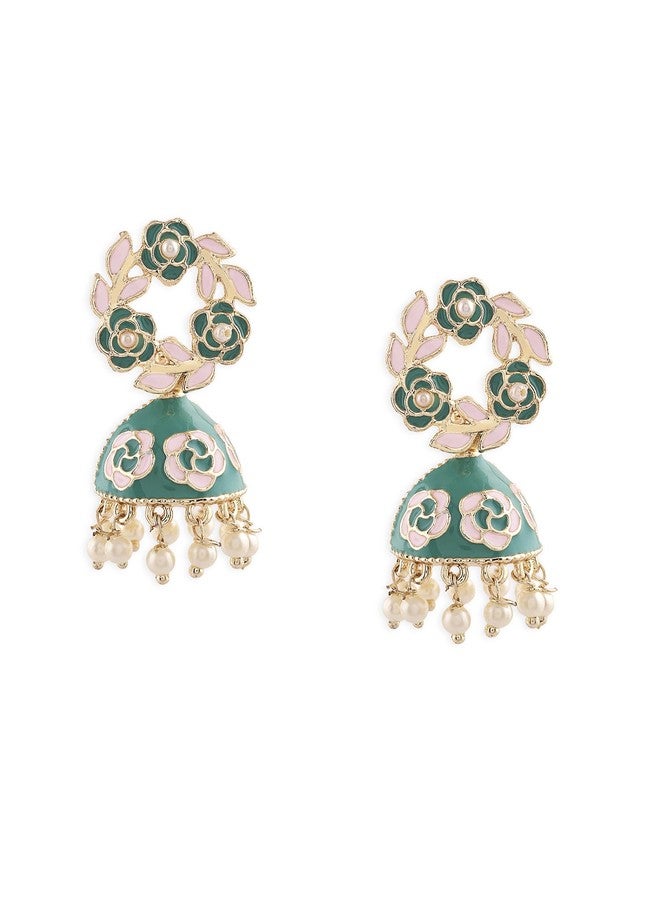 Zaveri Pearls أقراط جومكي من زافيري بيرلز باللونين الوردي والأخضر النعناعي، مطلية بالمينا، بتصميم عرقي للنساء - ZPFK16527 - Image 1