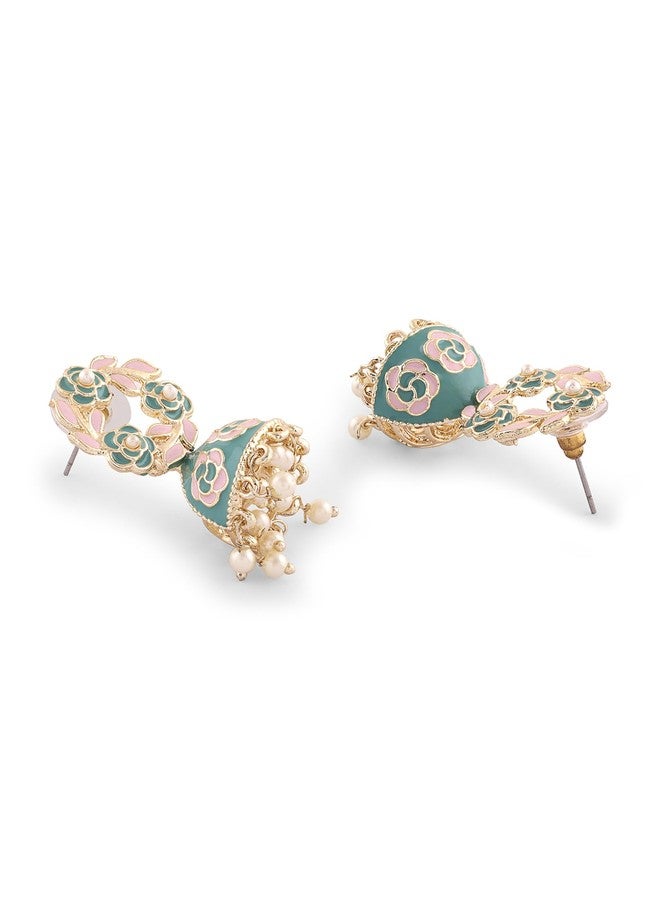 Zaveri Pearls أقراط جومكي من زافيري بيرلز باللونين الوردي والأخضر النعناعي، مطلية بالمينا، بتصميم عرقي للنساء - ZPFK16527 - Image 5