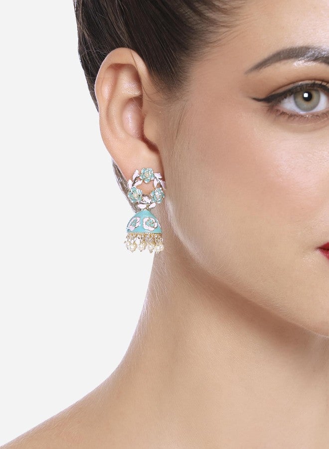 Zaveri Pearls أقراط جومكي من زافيري بيرلز باللونين الوردي والأخضر النعناعي، مطلية بالمينا، بتصميم عرقي للنساء - ZPFK16527 - Image 2