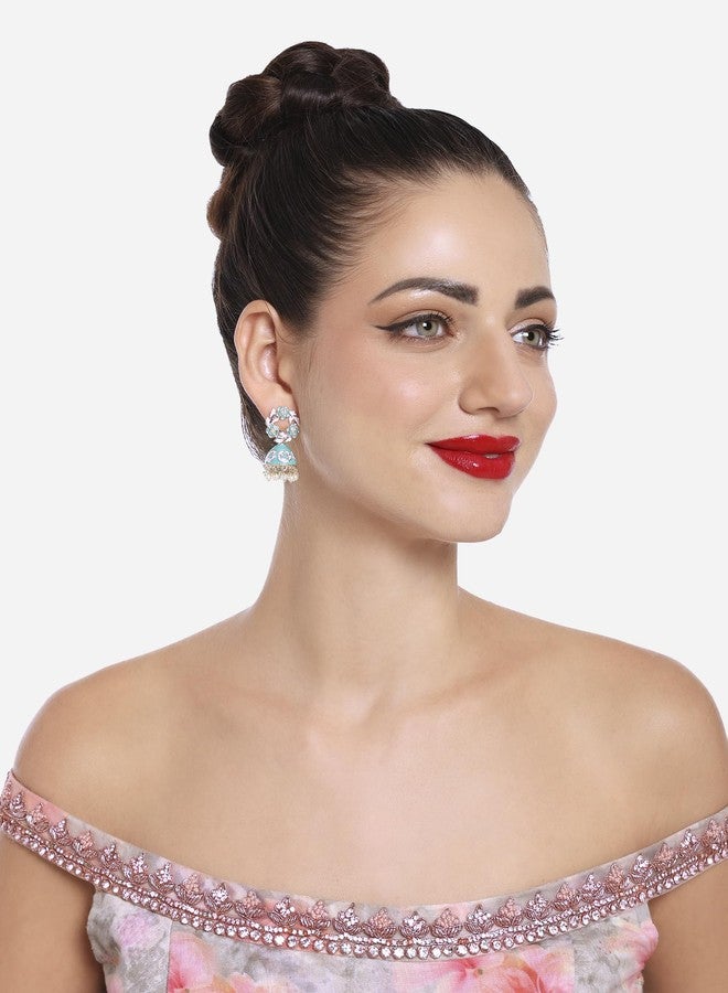 Zaveri Pearls أقراط جومكي من زافيري بيرلز باللونين الوردي والأخضر النعناعي، مطلية بالمينا، بتصميم عرقي للنساء - ZPFK16527 - Image 4