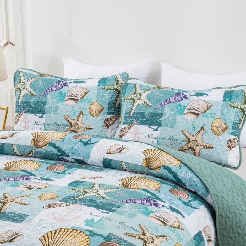 DJY DJY 3 قطع لحاف مجموعة King King Coastal Beach Pattern Coverlet مجموعة سرير ناعم بحري مع 2 وسادة شامز الفراش الساحلية لحاف طوال الموسم (الأخضر 90 "" × 104 "")  - Image 3