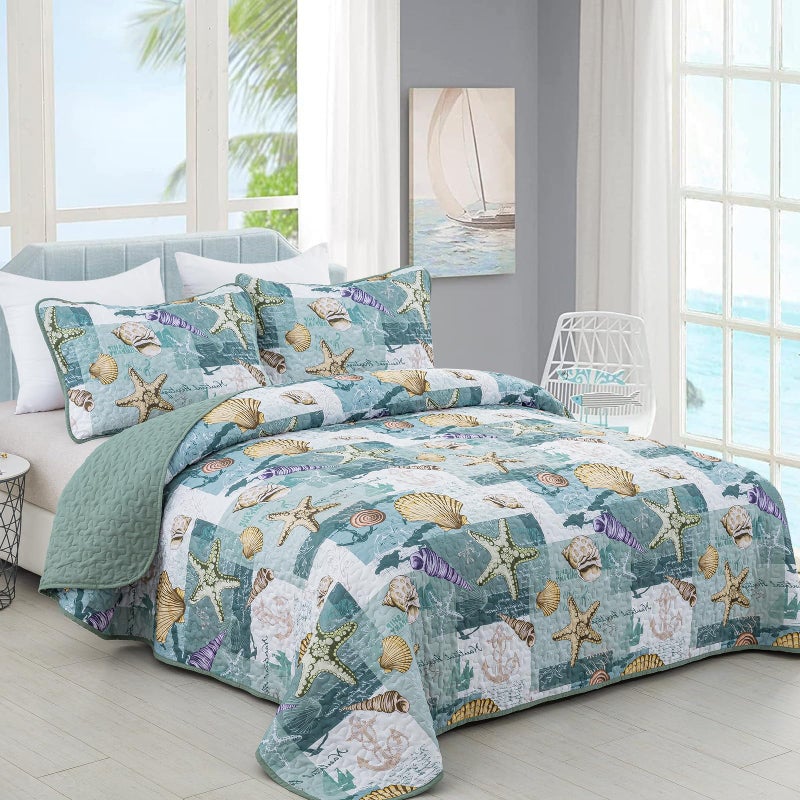 DJY DJY 3 قطع لحاف مجموعة King King Coastal Beach Pattern Coverlet مجموعة سرير ناعم بحري مع 2 وسادة شامز الفراش الساحلية لحاف طوال الموسم (الأخضر 90 "" × 104 "")  - Image 2