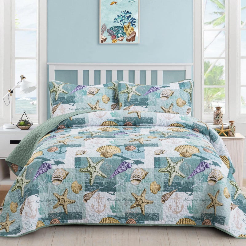 DJY DJY 3 قطع لحاف مجموعة King King Coastal Beach Pattern Coverlet مجموعة سرير ناعم بحري مع 2 وسادة شامز الفراش الساحلية لحاف طوال الموسم (الأخضر 90 "" × 104 "")  - Image 1
