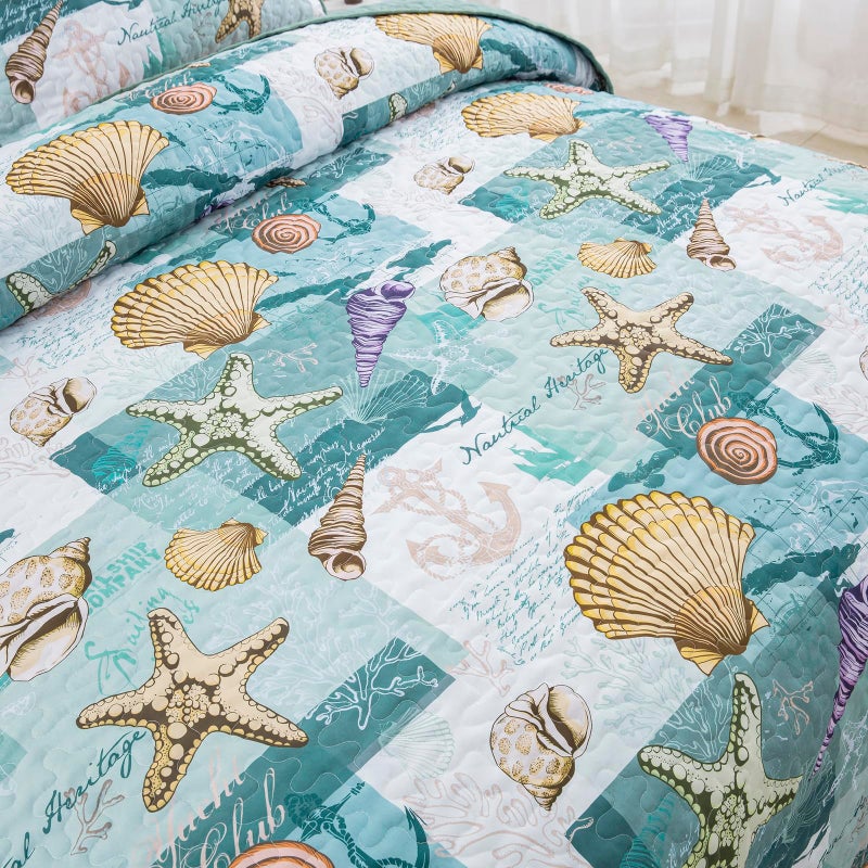 DJY DJY 3 قطع لحاف مجموعة King King Coastal Beach Pattern Coverlet مجموعة سرير ناعم بحري مع 2 وسادة شامز الفراش الساحلية لحاف طوال الموسم (الأخضر 90 "" × 104 "")  - Image 4
