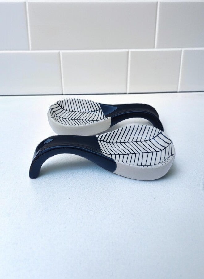 MALAIKAH Ceramic Black with Zebra Print Long Print Spoon Rest | Handmade Kitchen Spoon Holder | Pack of 2 - Image 1