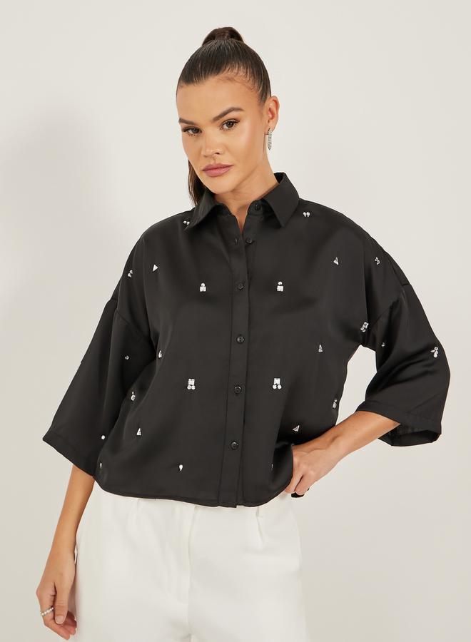 Styli Embellished 3/4 Sleeves Boxy Fit Shirt with Dropped Shoulders  - Image 1