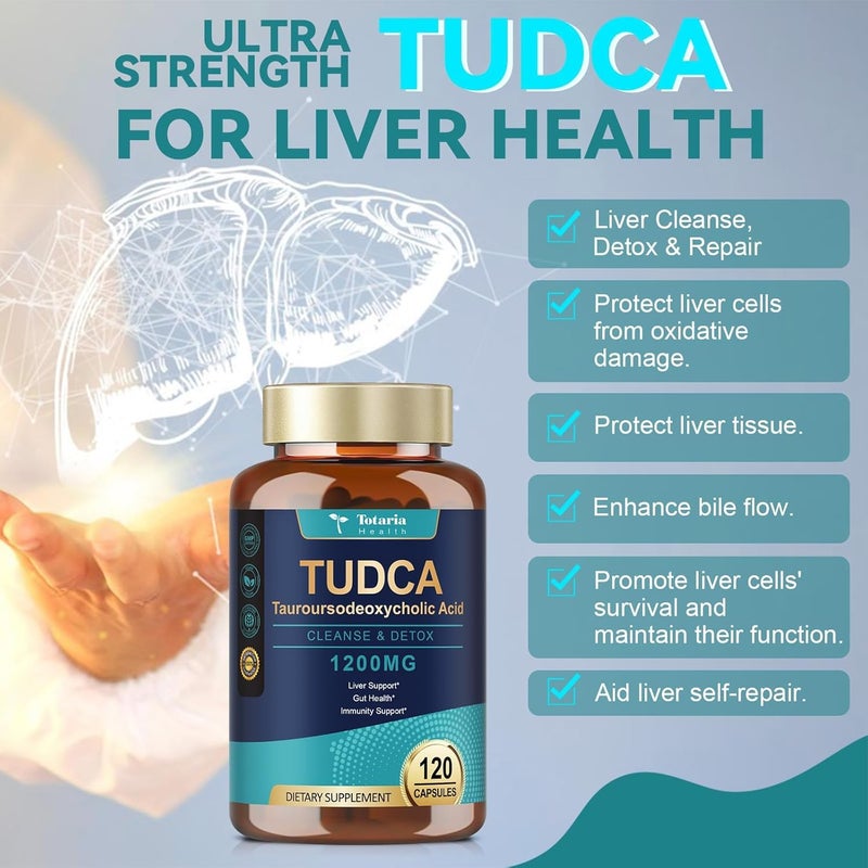 Totaria مكمل TUDCA 1200 ملغ حمض التوروروسوديوكسيكوليك 120 كبسولة قوة فائقة TUDCA أملاح الصفراء مكملات الكبد TUDCA النقي لإصلاح الكبد والمرارة وصحة الأمعاء - Image 5