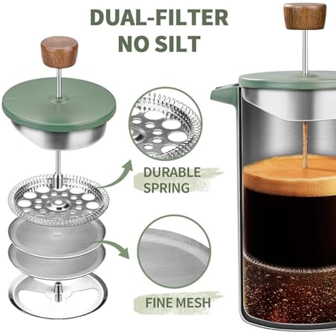 shoxil French Press Coffee Maker 34Oz Stainless Steel Green Coffee Press Real Wood Handle Double Wall Insulated French Coffee Press With DualFilter Screen Perfect For Camping  Kitchen Use - Image 3