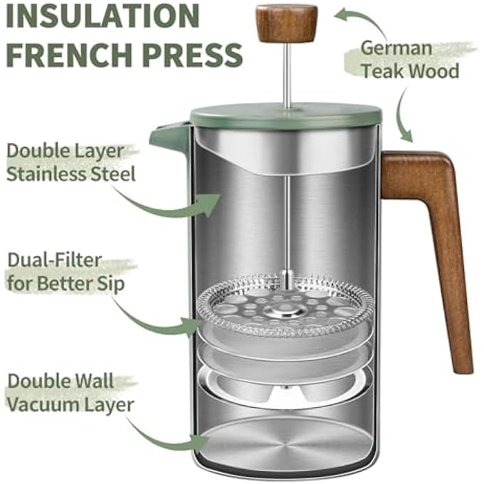 shoxil French Press Coffee Maker 34Oz Stainless Steel Green Coffee Press Real Wood Handle Double Wall Insulated French Coffee Press With DualFilter Screen Perfect For Camping  Kitchen Use - Image 2