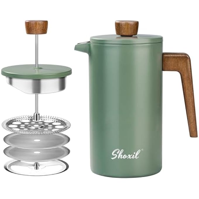 shoxil French Press Coffee Maker 34Oz Stainless Steel Green Coffee Press Real Wood Handle Double Wall Insulated French Coffee Press With DualFilter Screen Perfect For Camping  Kitchen Use - Image 1