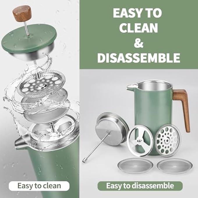 shoxil French Press Coffee Maker 34Oz Stainless Steel Green Coffee Press Real Wood Handle Double Wall Insulated French Coffee Press With DualFilter Screen Perfect For Camping  Kitchen Use - Image 4