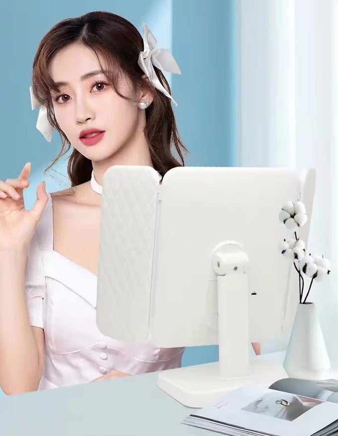3X TRIFOLD MAKEUP MIRROR WITH ADJUSTABLE LED LIGHTS DUAL POWER OPTION BATTERIES USB PLUG IN MAGNIFYING VANITY MIRROR FOR HOME AND BEAUTY SALON WHITE