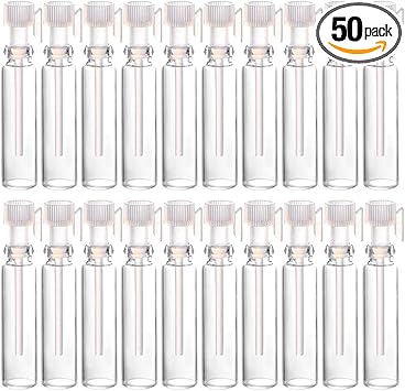 SOLUSTRE 50 قطعة زجاجة عطر صغيرة للسفر سعة 1 مل مع قطارة ورشاش زجاجة عينة فارغة للزيوت الأساسية والعلاج بالروائح - Image 1