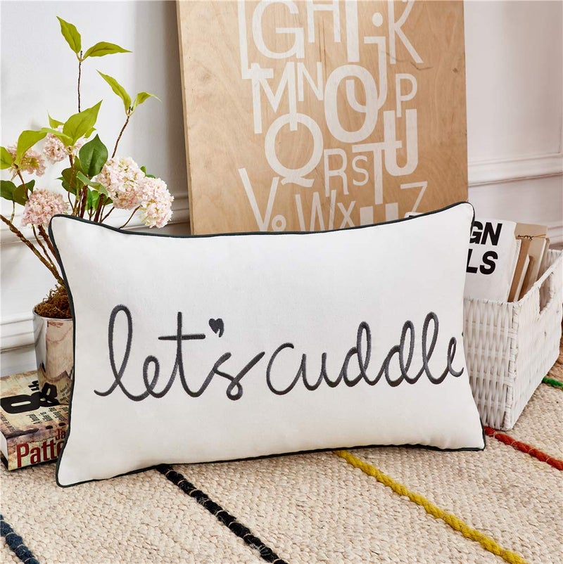 Sanmetex Lets Cuddle Decorative Lumbar Pillow Cover 12x20 Inches Embroidery Rectangle Grey Throw Pillow Case for Bed Bedroom Livingroom 30x50cm