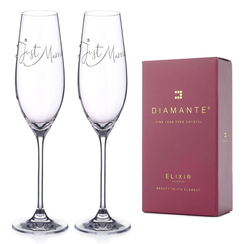 DIAMANTE Swarovski Just Married Champagne Flutes  Wedding Gift Crystal Embellished with Swarovski Crystals  Gift Boxed Pair