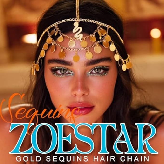 Zoestar BOHO SEQUIN HEAD CHAIN GOLD SNAKE HAIR CHAIN HEADPIECE FESTIVAL COSTUME HAIR ACCESSORIES FOR WOMEN - Image 4