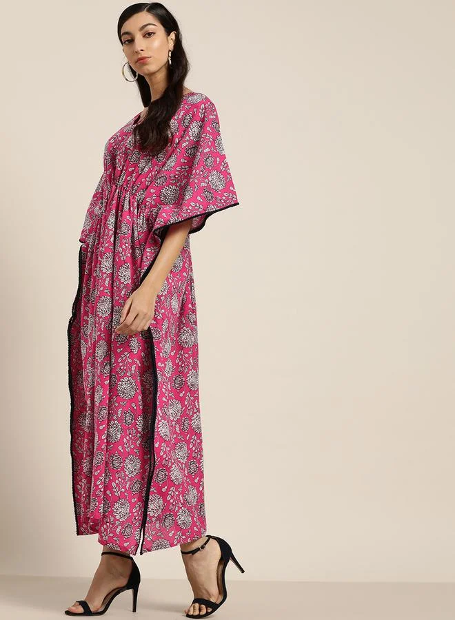 SASSAFRAS Floral Print Drawstring Detail Kaftan Maxi Dress by Styli