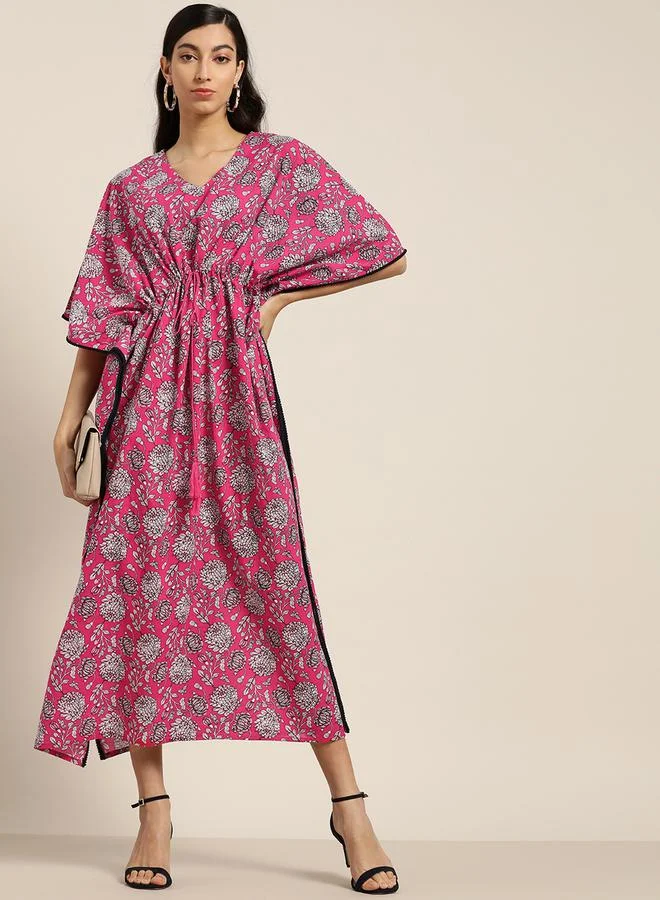 SASSAFRAS Floral Print Drawstring Detail Kaftan Maxi Dress by Styli