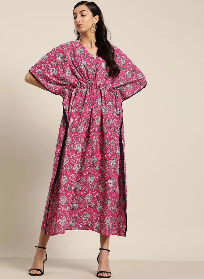 SASSAFRAS Floral Print Drawstring Detail Kaftan Maxi Dress by Styli