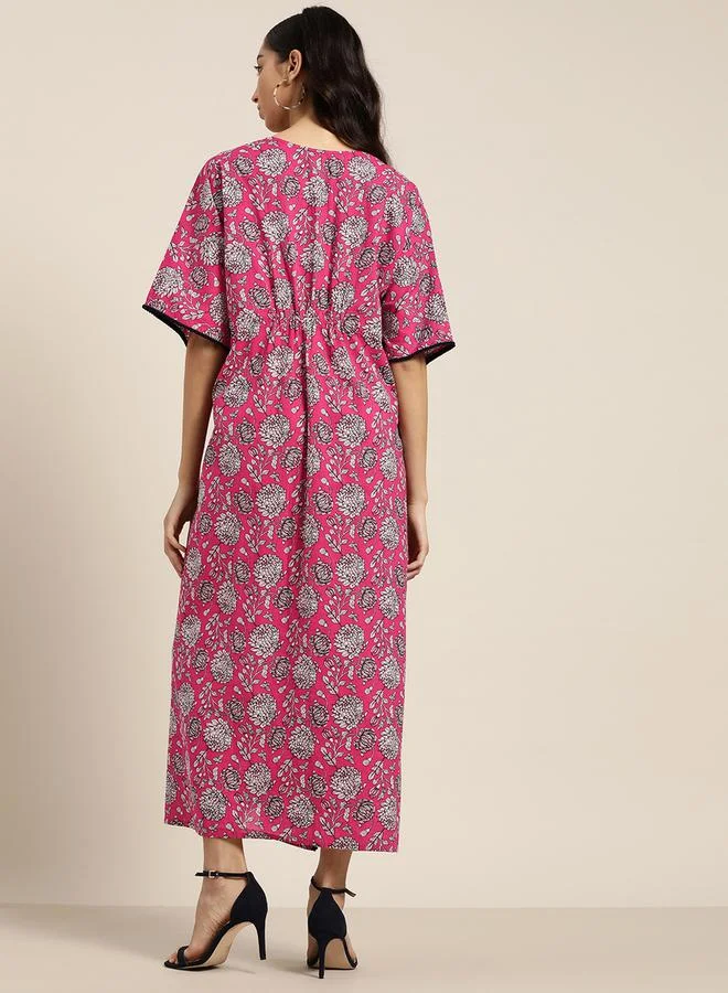 SASSAFRAS Floral Print Drawstring Detail Kaftan Maxi Dress by Styli