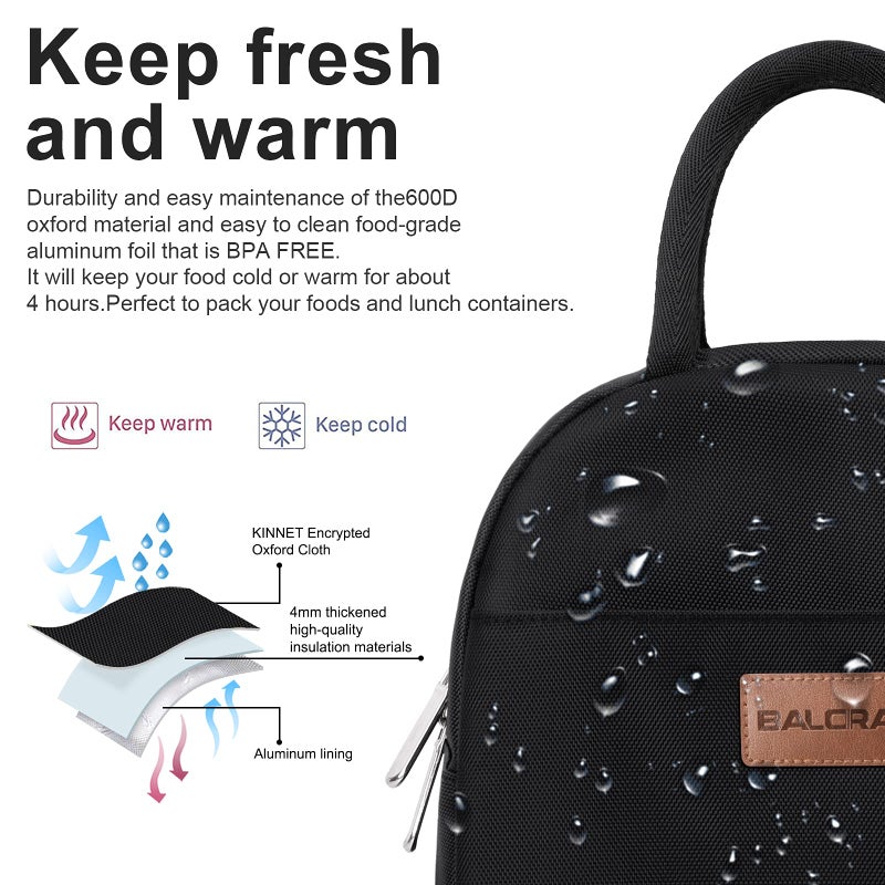 BALORAY Lunch Bag for Women Men Insulated Lunch Box for Adult Reusable Lunch Tote Bag for Work, Picnic or Travel (Solid Black) - Image 3