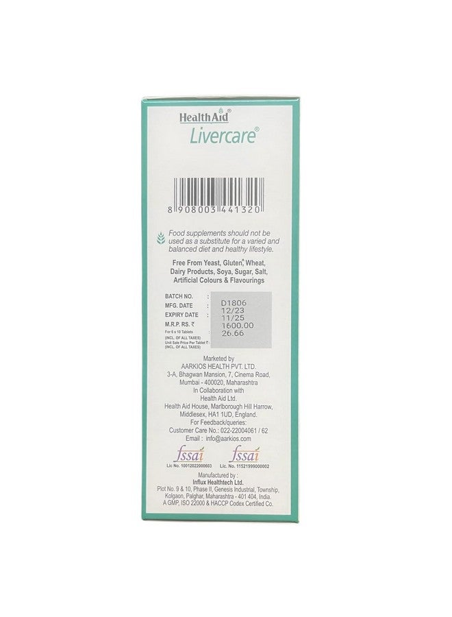 Health Aid HealthAid Livercare - Liver Detox Supplement with Milk Thistle & Dandelion Extract, Choline & Inositol | Supports Liver Health & Fatty Liver Detox | 60 Liver Detox Tablets (Pack of 2) - Image 2