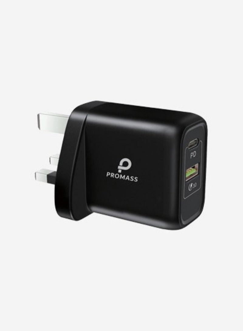 PROMASS Original Wall Charger With Two Ports 1 USB And 1 PD Port Supports Fast Charging From Promass 38W Black Color - Image 1