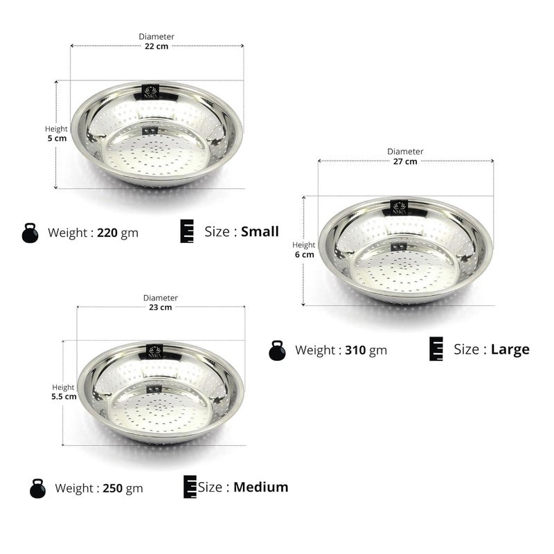 NYRA Stainless Steel Poha ChalniStrainer ColanderVegetable Strainer for Kitchen Used for draining Out Liquid from Pasta Canned Fruits Vegetables Boiled Rice Noodles etc Set of 3 - Image 4