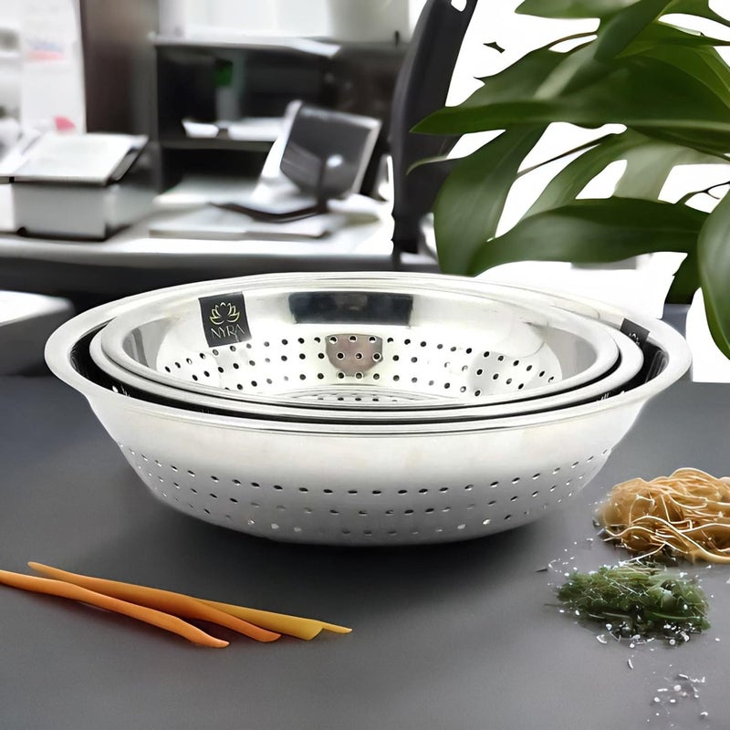 NYRA Stainless Steel Poha ChalniStrainer ColanderVegetable Strainer for Kitchen Used for draining Out Liquid from Pasta Canned Fruits Vegetables Boiled Rice Noodles etc Set of 3 - Image 2