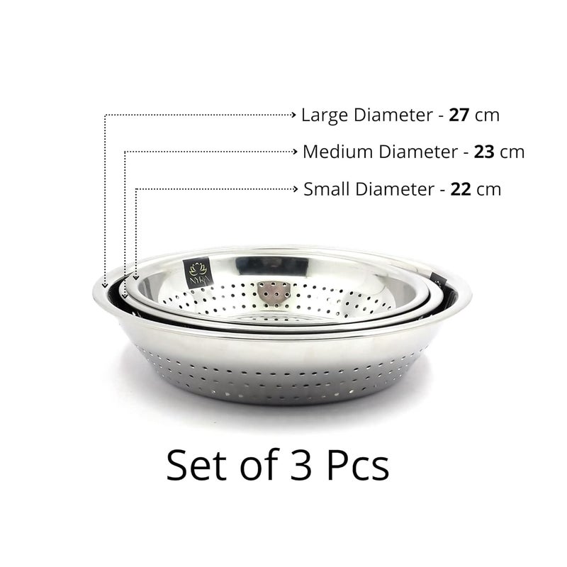 NYRA Stainless Steel Poha ChalniStrainer ColanderVegetable Strainer for Kitchen Used for draining Out Liquid from Pasta Canned Fruits Vegetables Boiled Rice Noodles etc Set of 3 - Image 5