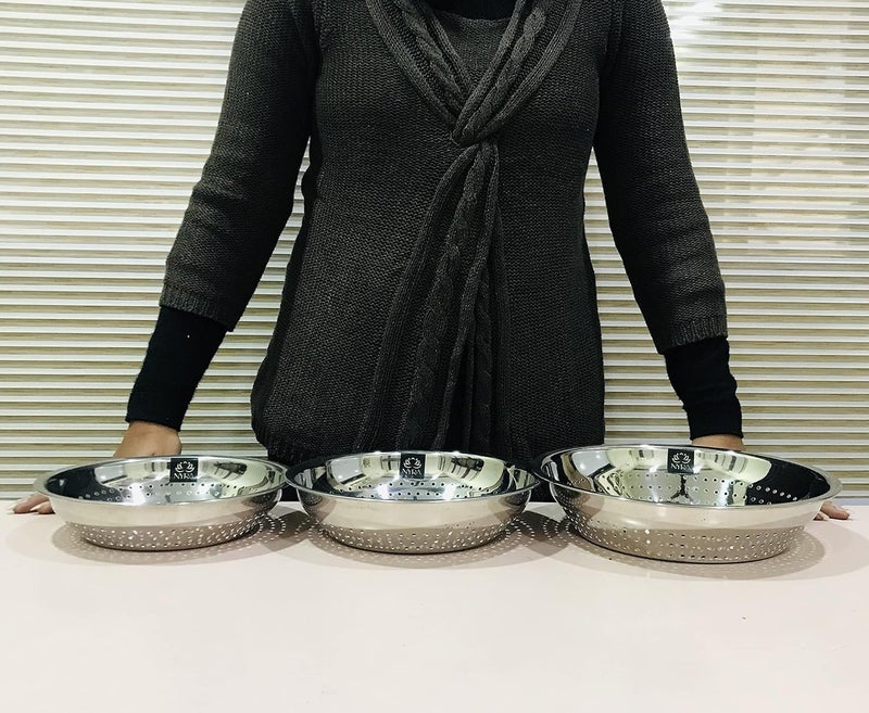 NYRA Stainless Steel Poha ChalniStrainer ColanderVegetable Strainer for Kitchen Used for draining Out Liquid from Pasta Canned Fruits Vegetables Boiled Rice Noodles etc Set of 3 - Image 3