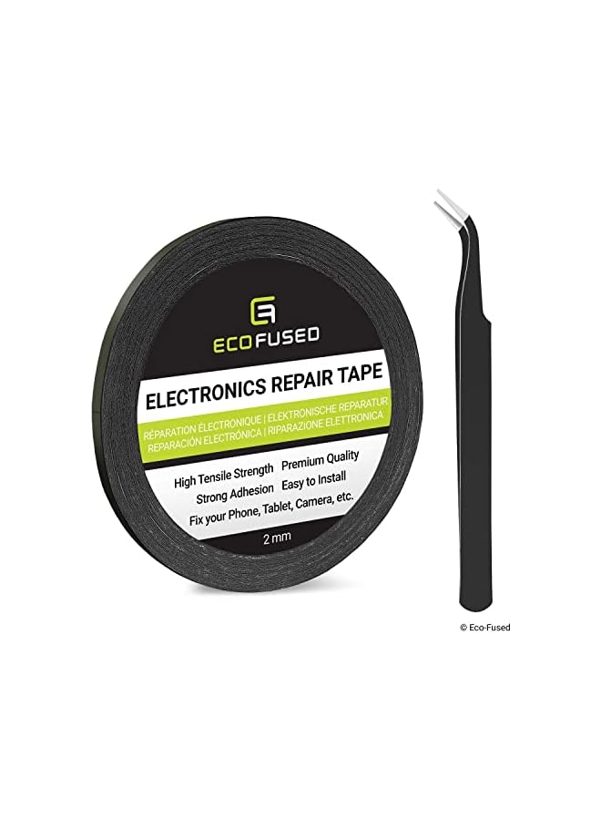 Eco-Fused Adhesive Sticker Tape for Use in Cell Phone Repair - 2mm Tape - Also Including 1 Pair of Tweezers/Eco-Fused Microfiber Cleaning Cloth (Black) - Image 1