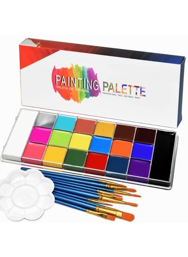Fankalo 20 Colors Body Face Paint Cosplay Makeup Palette Kit with 10 Brushes and 30 Different Stencils and 1 Palette, Professional Face Painting Kit for Kids & Adults, Red Black White Special Effects Paints Palette for Halloween - Image 1