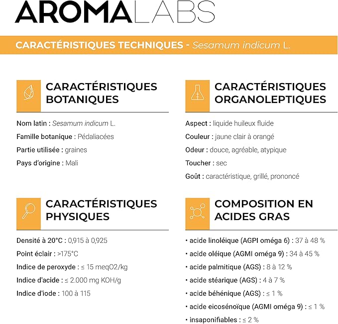 aromalabs ORGANIC SESAME SEED Oil 250mL 100 Pure Natural Cold Pressed and AB Certified AROMA LABS French Brand - Image 3
