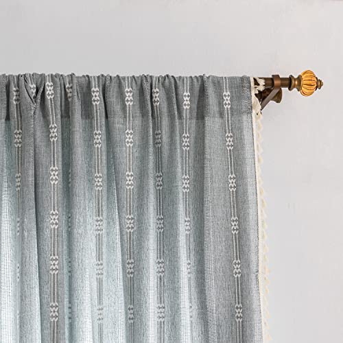Boho Embroidery Striped Farmhouse Curtains  84 Inch Long 2 Panel Set Blue Linen Tassel SemiBlackout for Bedroom  Living Room 52 W x 84 L