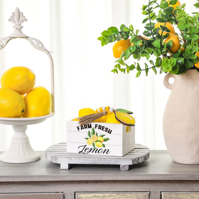 Qunclay Lemon Mini Crate Summer Tiered Tray Decor with 8 Faux Lemons with Wood Bead Tassel Farmhouse Lemonade Kitchen Decorations Summertime Wood Crate for Party Decor - Image 2