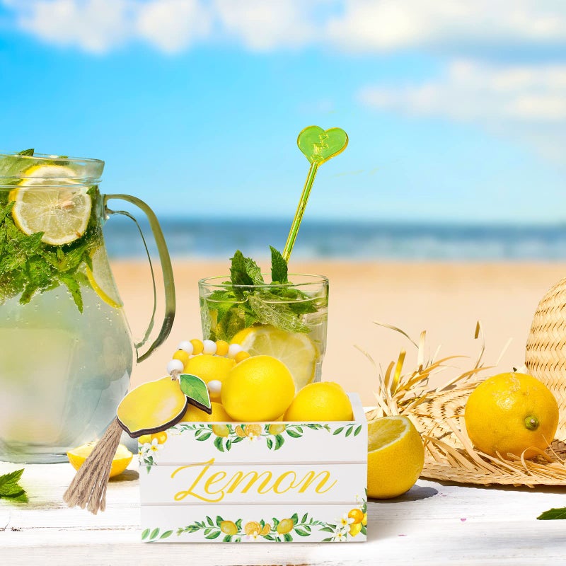 Qunclay Lemon Mini Crate Summer Tiered Tray Decor with 8 Faux Lemons with Wood Bead Tassel Farmhouse Lemonade Kitchen Decorations Summertime Wood Crate for Party Decor - Image 5