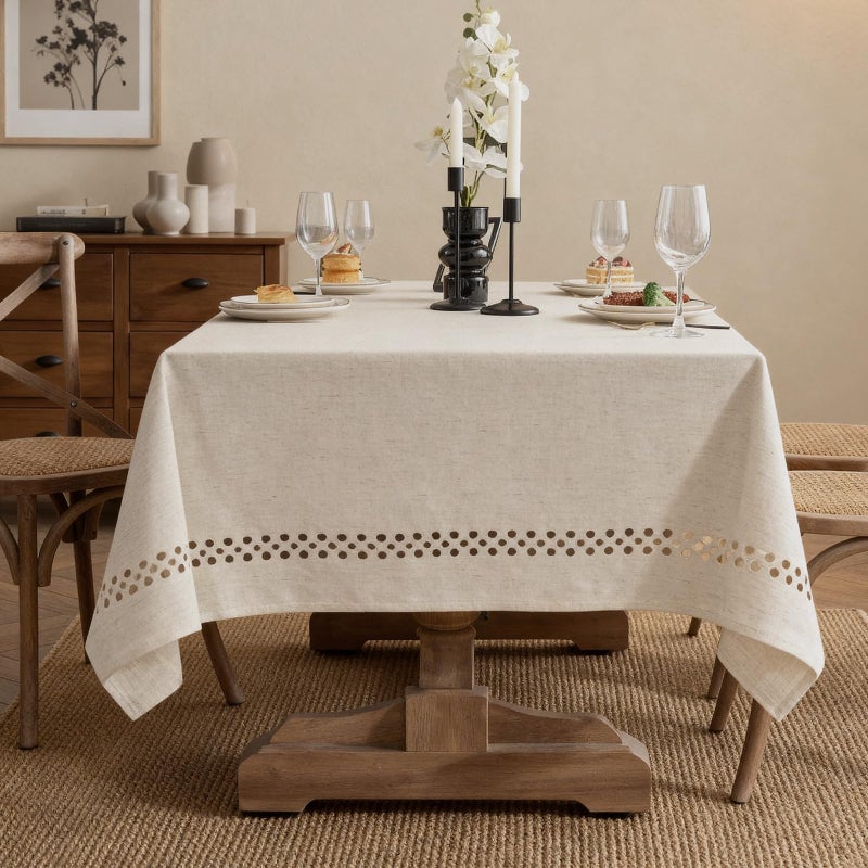 QDTTSRY Natural Linen Cottton Tablecloth, Rectangle Tablecloth with Decorative Cutouts, Stain Resistant & Wrinkle Free Farmhouse Table Cover for Kitchen Dining Party Camping, 70" x 52" - Image 3