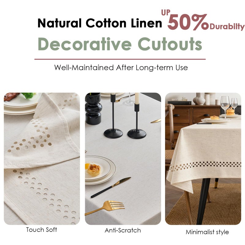 QDTTSRY Natural Linen Cottton Tablecloth, Rectangle Tablecloth with Decorative Cutouts, Stain Resistant & Wrinkle Free Farmhouse Table Cover for Kitchen Dining Party Camping, 70" x 52" - Image 4