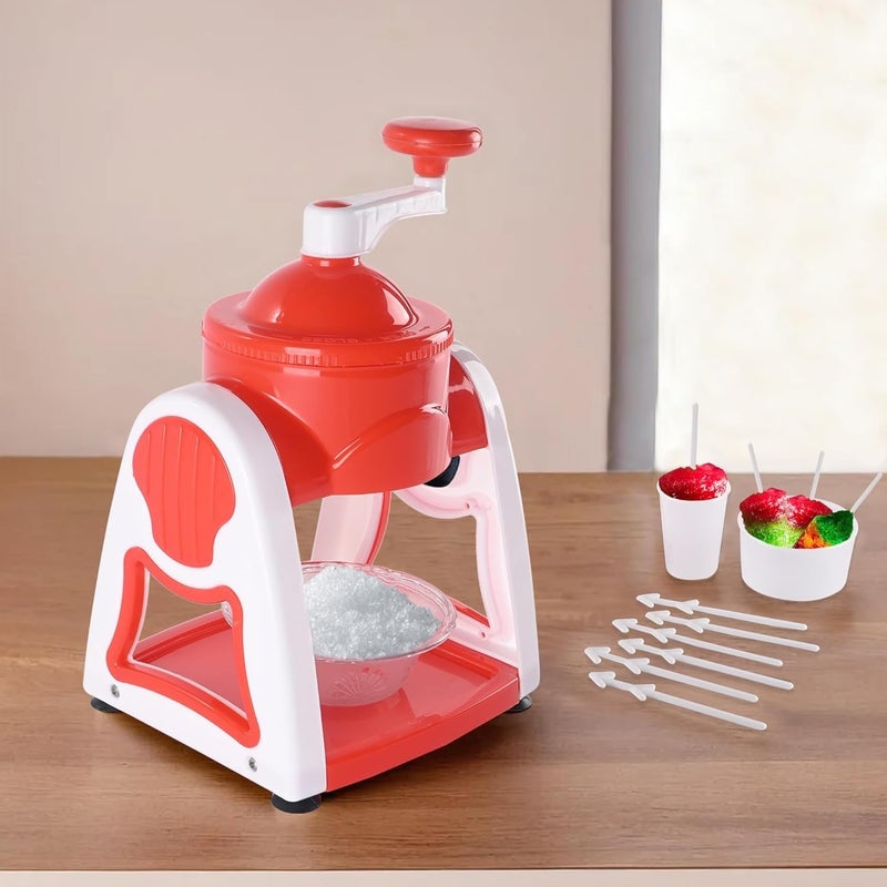 RENARSH آلة سحق الثلج المحمولة للمنزل مع 3 أوعية، 6 عصي، 1 كوب وطبق | صانع تشوسكي وسلاشي سهل الاستخدام | آلة جولا الثلجية لملذات الصيف | أبيض وأحمر - Image 1