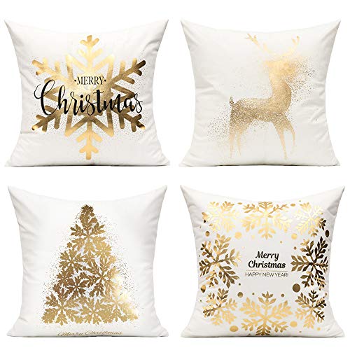 All Smiles White Gold Christmas Decorations Throw Pillow Covers 18X18 Set of 4 Winter Xmas Navidad Home Holiday Décor Velvet Cushion Cases for Sofa Tree Snowflake Reindeer - Image 1