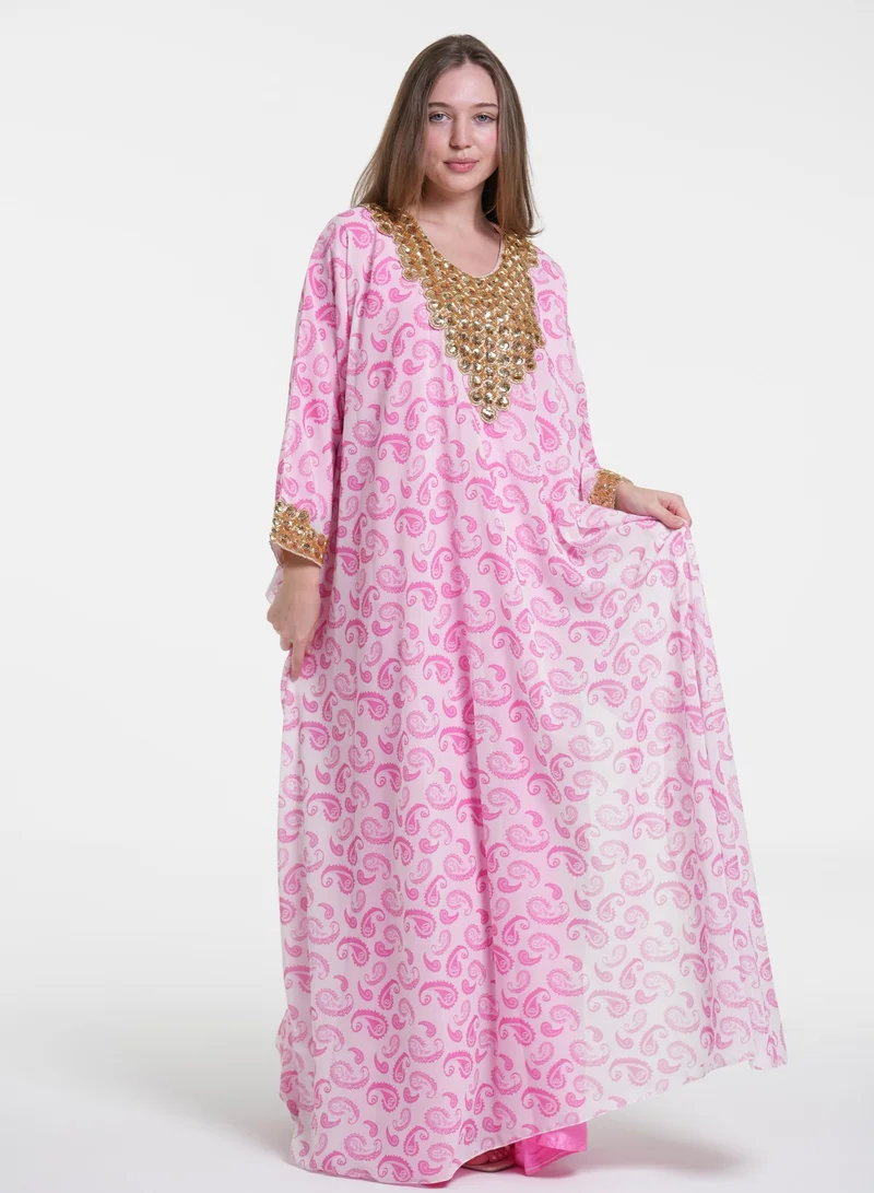 AL BENT AL SHARQIEH pink embroidred jalabiya kaftan dress  | Best Price UAE