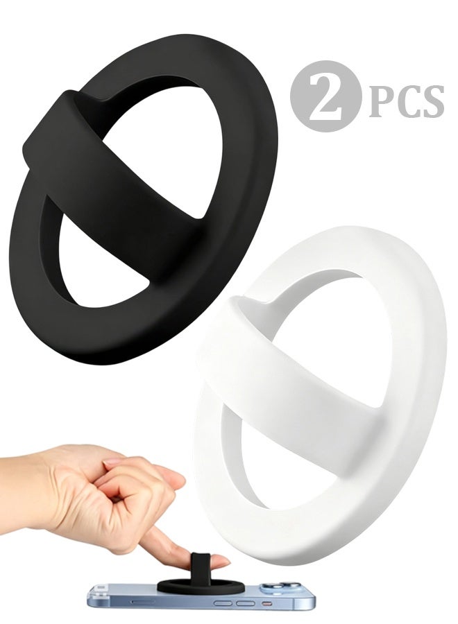 2 Pcs Reusable Silicone Magnetic Phone Finger Loop Grip, MagSafe Compatible Phone Holder Strap, Easy to Install and Remove, Compatible with iPhone 16/15/14/13/12 Series, Black and White - Image 1