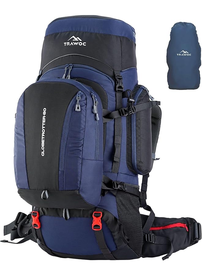 Trawoc حقيبة ظهر غلوبتروتر 80 لتر (70+10) بإطار معدني وألياف داخلي للرجال والنساء للتنزه، والتخييم، والسفر مع حقيبة نهارية قابلة للفصل، وغطاء مطري، وحيز للأحذية. - Image 1