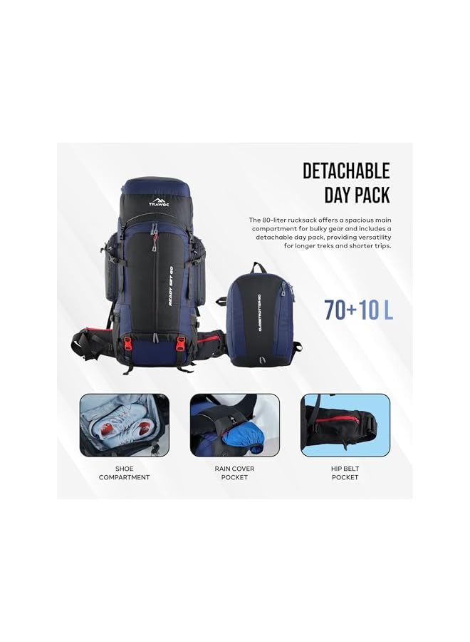 Trawoc حقيبة ظهر غلوبتروتر 80 لتر (70+10) بإطار معدني وألياف داخلي للرجال والنساء للتنزه، والتخييم، والسفر مع حقيبة نهارية قابلة للفصل، وغطاء مطري، وحيز للأحذية. - Image 3