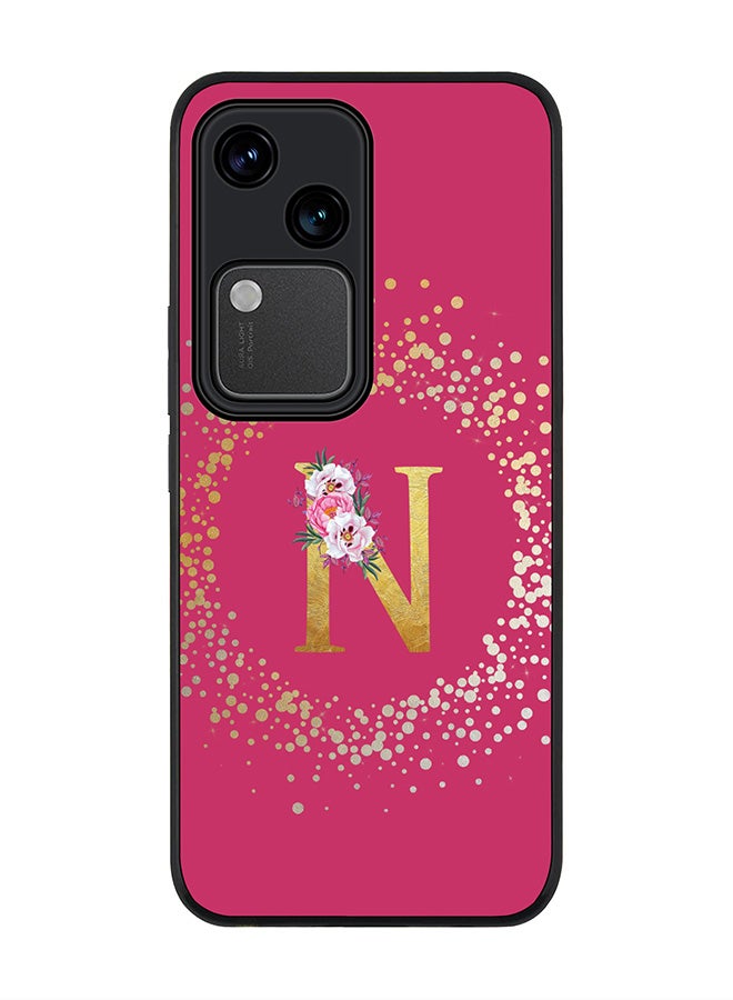 Stylizedd Rugged Black edge case for Vivo V30 5G, Slim fit Cover Custom Monogram Initial Letter Floral Pattern Alphabet - N ( Deep Pink Rose ) - Image 1