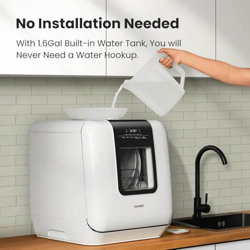 Comfee' غسالة صحون كومفي' على الطاولة، غسالة صحون محمولة بسعة 6 لتر خزان مياه مدمج، غسالة صحون صغيرة بمساحة أكبر داخلها، 7 برامج، تعقيم بالأشعة فوق البنفسجية وفتح الباب تلقائيًا، للشقق، السكن الجامعي والمركبات الترفيهية، بيضاء - Image 2